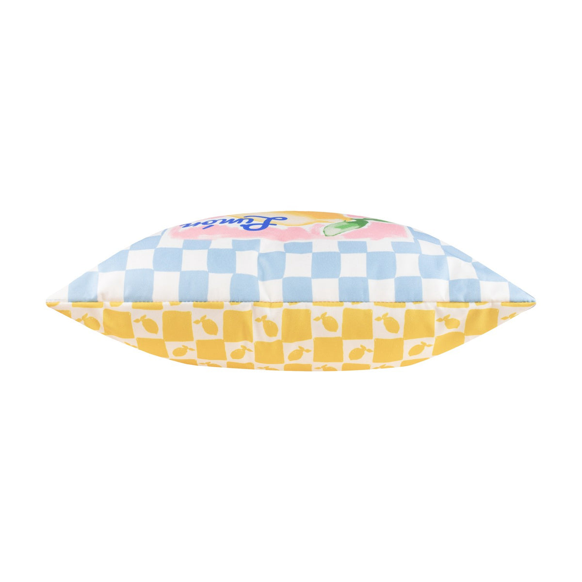 Side view of the Mediterranean Limon reversible polyester cushion, showing yellow checkerboard and pale blue check fabric panels with partial "Limon" lettering, on a plain white background.