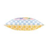 Side view of the Mediterranean Limon reversible polyester cushion, showing yellow checkerboard and pale blue check fabric panels with partial "Limon" lettering, on a plain white background.