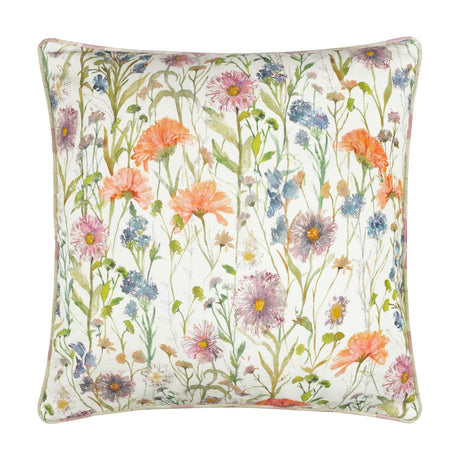 Medmerry Linen Cotton Cushion in Elderberry, 45x45cm, featuring a hand-painted wildflower print of pink asters, orange calendula and blue cornflowers on cream linen with contrast piping.