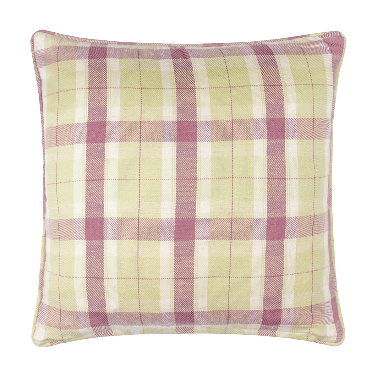 Medmerry Linen Cotton Cushion in Elderberry, reverse side showing a pink, green and cream check pattern, square 45 x 45cm cushion on a plain white background.