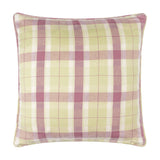 Medmerry Linen Cotton Cushion in Elderberry, reverse side showing a pink, green and cream check pattern, square 45 x 45cm cushion on a plain white background.