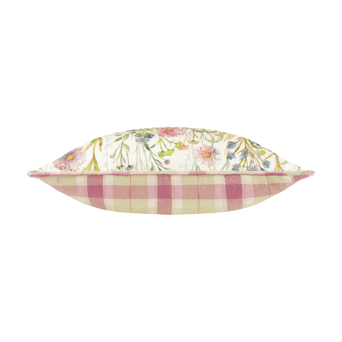 Medmerry Linen Cotton Cushion in Elderberry, shown side-on with wildflower print on one face and pink, green and cream check on the reverse, piped edging, plain white background.