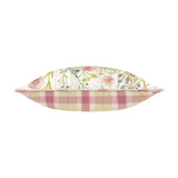 Medmerry Linen Cotton Cushion in Elderberry, shown side-on with wildflower print on one face and pink, green and cream check on the reverse, piped edging, plain white background.