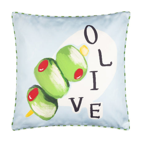 Square polyester cushion in pale blue with a hand-painted green olive skewer design, black "OLIVE" text, and green striped piped trim edging, shown on a white background.