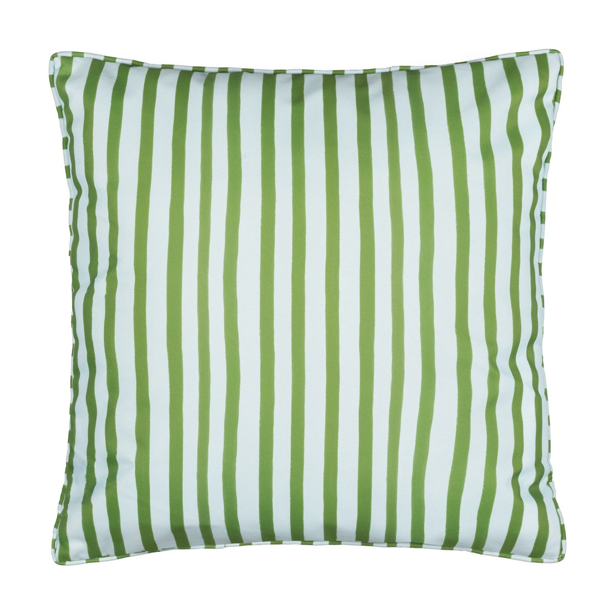 Square reversible outdoor cushion showing the green-and-white stripe side with matching striped piped edging, photographed on a plain white background.