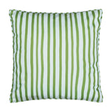 Square reversible outdoor cushion showing the green-and-white stripe side with matching striped piped edging, photographed on a plain white background.