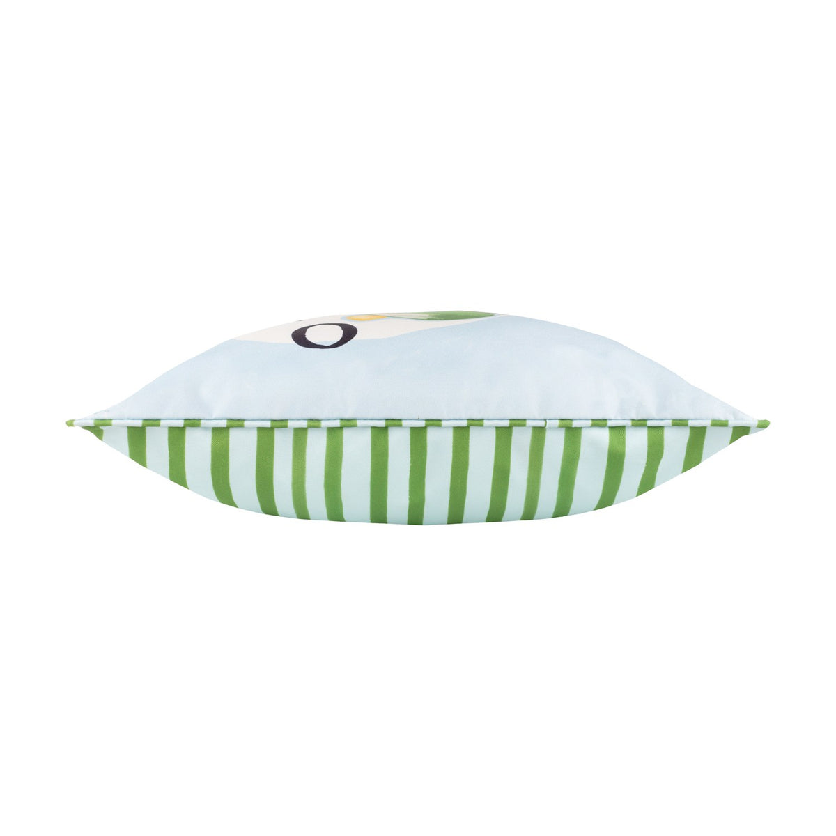 Side view of the Mediterranean Olive reversible polyester cushion, showing pale blue face and green-and-white striped reverse with piped edge trim, on a white background.