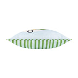 Side view of the Mediterranean Olive reversible polyester cushion, showing pale blue face and green-and-white striped reverse with piped edge trim, on a white background.