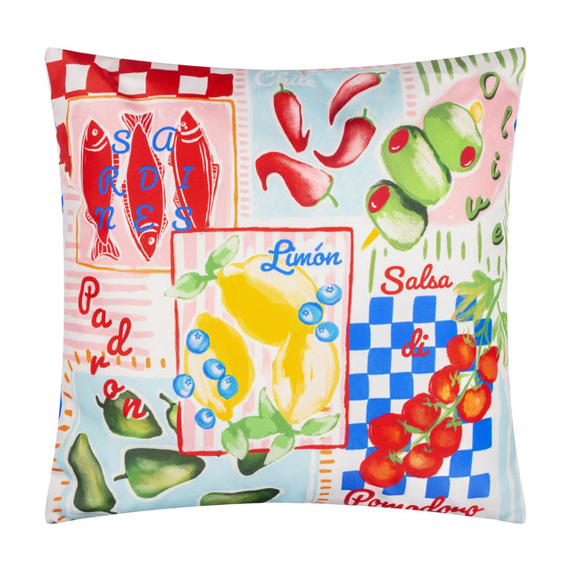 Square polyester cushion with a Mediterranean picnic print featuring sardines, olives, lemons, blueberries, chillies and tomatoes on gingham and striped panels, shown on a white background.
