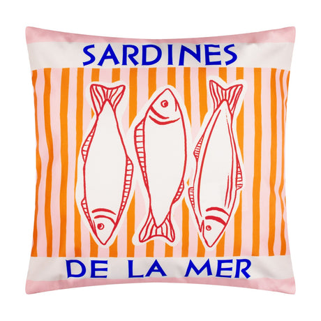 Square polyester cushion in pink and orange stripes with three red-line sardine illustrations and blue "SARDINES DE LA MER" text, on a white background.