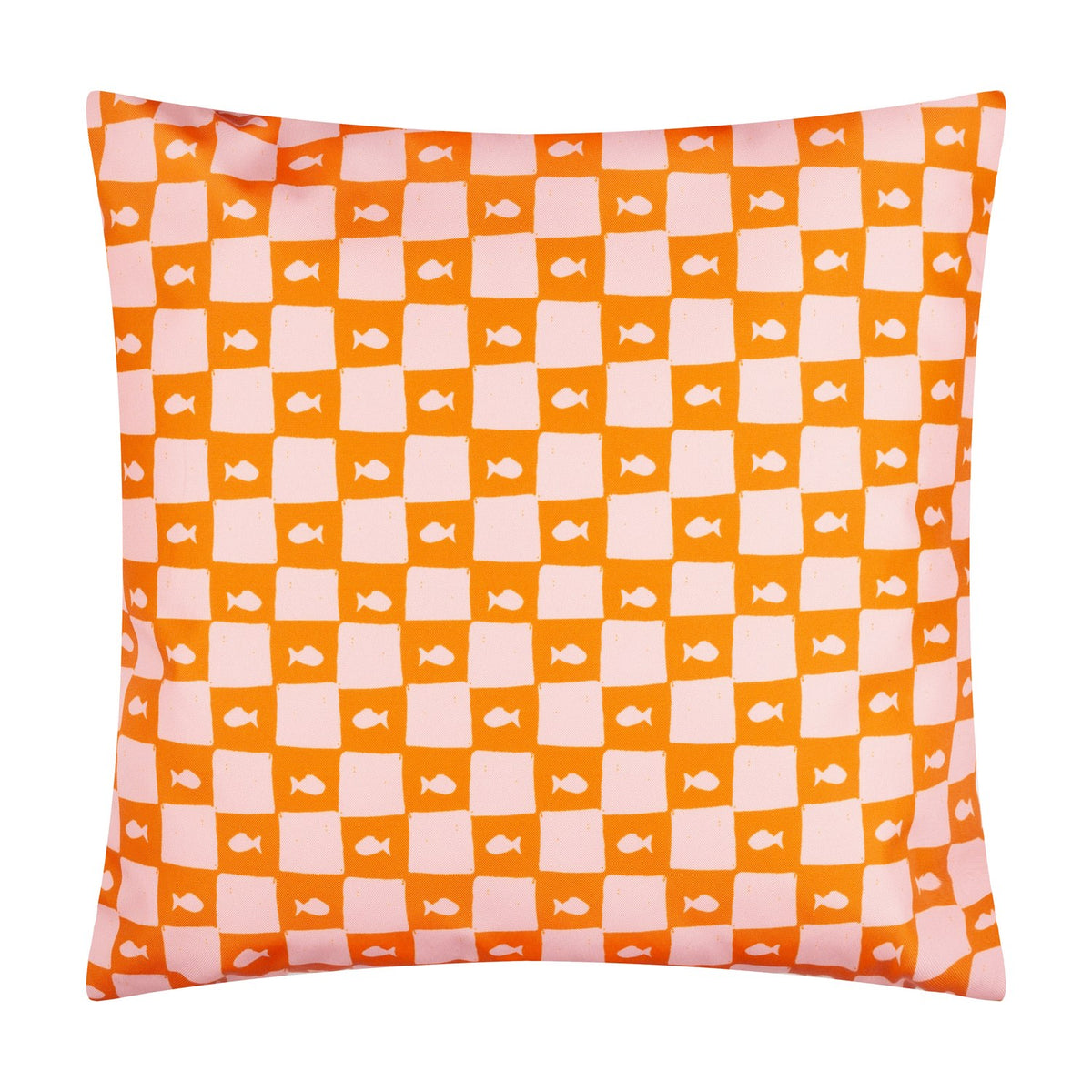 Mediterranean Sardines Reversible Polyester Cushion in pink and orange, checkerboard side shown with small fish silhouettes, on a plain white background.
