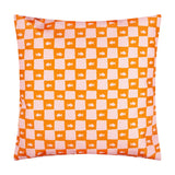 Mediterranean Sardines Reversible Polyester Cushion in pink and orange, checkerboard side shown with small fish silhouettes, on a plain white background.