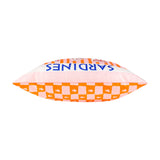Mediterranean Sardines reversible polyester cushion shown side-on, displaying pink-and-orange checkerboard fish print and blue "SARDINES" text edge, on a white background.
