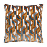Metro Prism Jacquard Velvet Cushion in Ginger, a square cushion with an interlocking geometric pattern in ginger, teal blue, slate grey and cream, shown on a plain white background.