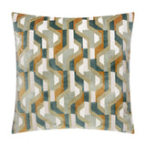 Metro Prism Jacquard Velvet Cushion in green, a 45x45cm square cushion with an angular geometric pattern in teal, ochre, sage and cream velvet, shown on a plain white background.