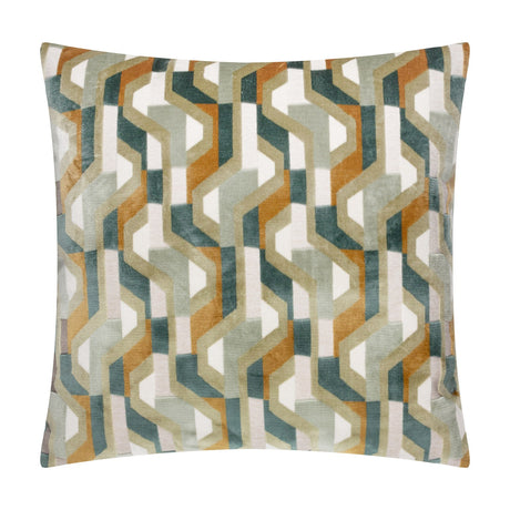 Metro Prism Jacquard Velvet Cushion in green, a 45x45cm square cushion with an angular geometric pattern in teal, ochre, sage and cream velvet, shown on a plain white background.