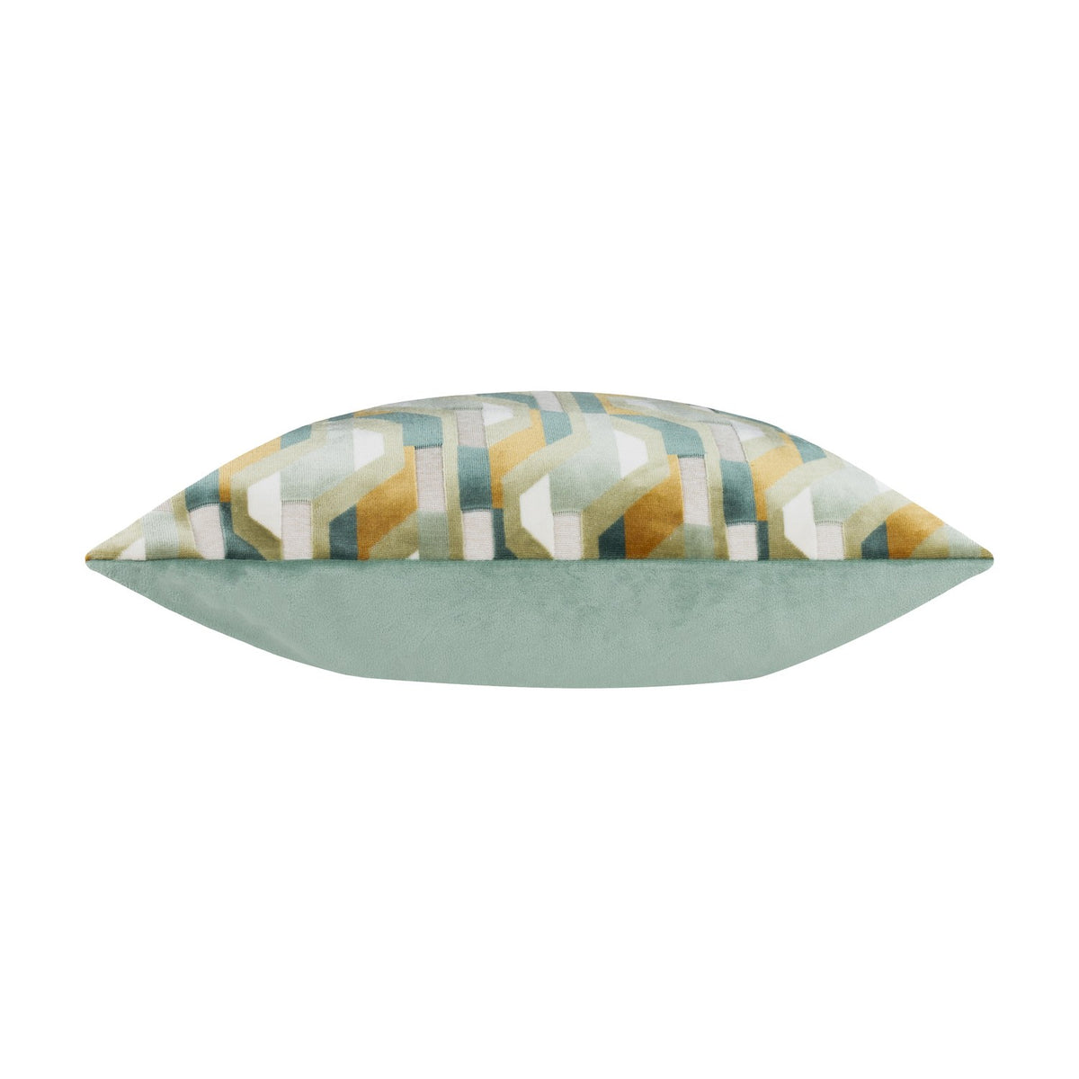 Metro Prism Jacquard Velvet Cushion in green, shown side-on with geometric teal, ochre, sage and cream pattern on one face and plain green velvet reverse, against a white background.