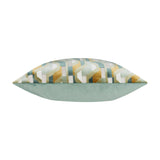 Metro Prism Jacquard Velvet Cushion in green, shown side-on with geometric teal, ochre, sage and cream pattern on one face and plain green velvet reverse, against a white background.