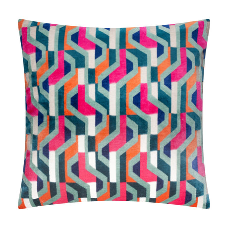 Metro Prism Jacquard Velvet Cushion in multi colourway, square with textured velvet pile in an angular geometric pattern of pink, orange, teal, navy and cream, shown on a plain white background.