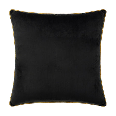 Meridian Plain Velvet Cushion in black with contrasting gold piped border, square shape, shown on a plain white background.