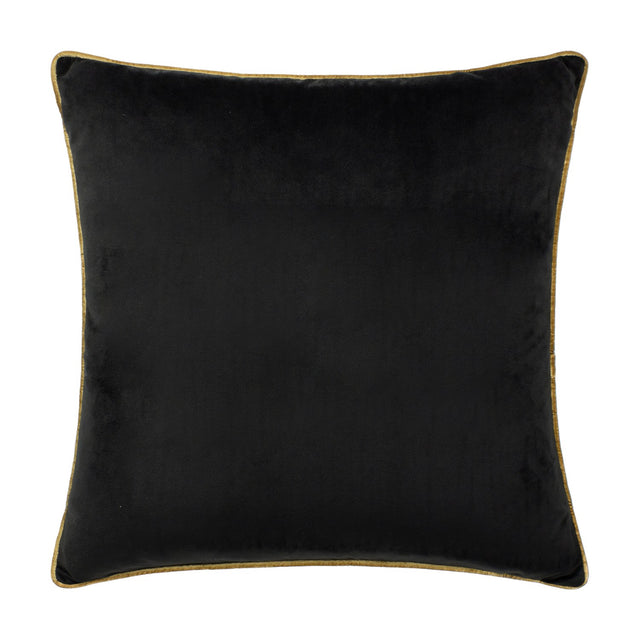 Meridian Plain Velvet Cushion in black with contrasting gold piped border, square shape, shown on a plain white background.