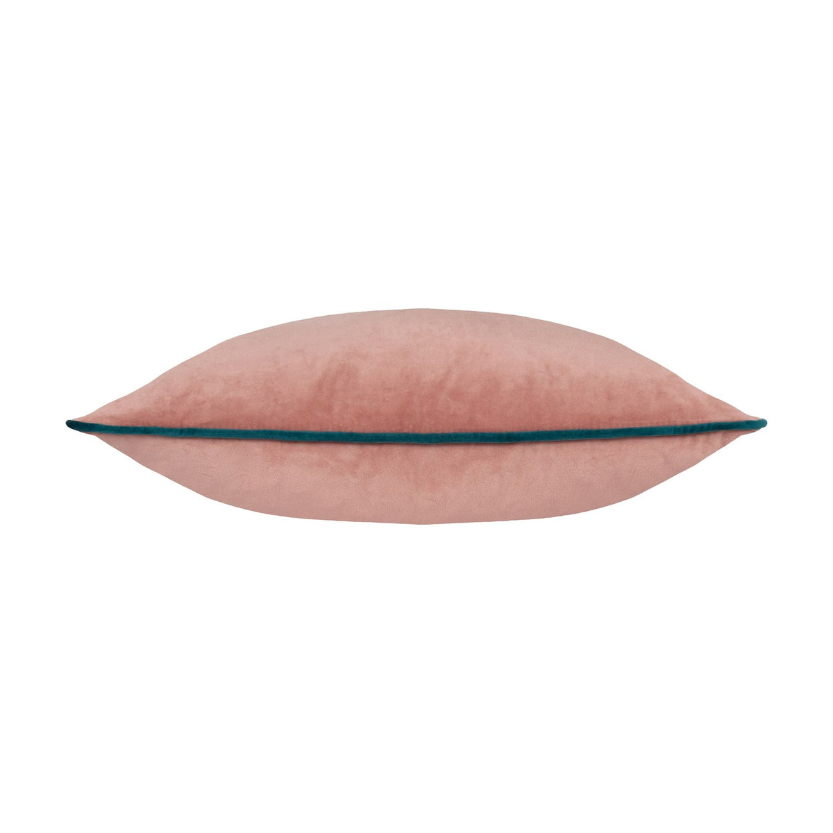 Meridian square cushion in plain blush pink velvet-feel fabric with a contrasting teal piped edge, shown side-on on a plain white background.