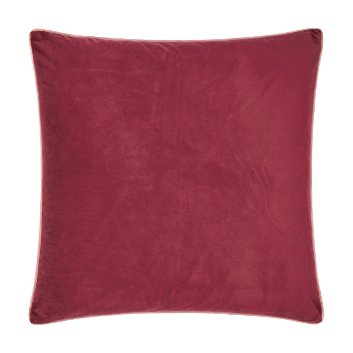 Meridian Plain Velvet Cushion in deep burgundy with contrasting slipper pink piped trim, square shape, shown on a plain white background.