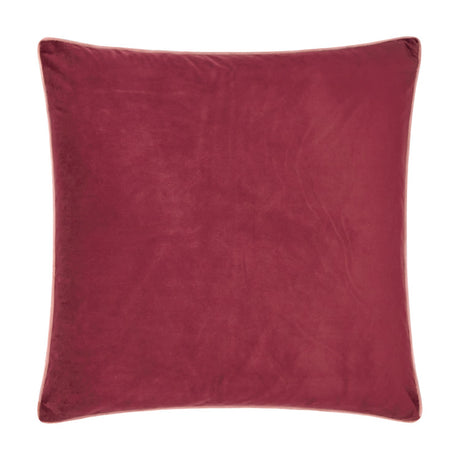 Meridian Plain Velvet Cushion in deep burgundy with contrasting slipper pink piped trim, square shape, shown on a plain white background.