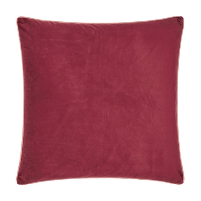 Meridian Plain Velvet Cushion in deep burgundy with contrasting slipper pink piped trim, square shape, shown on a plain white background.