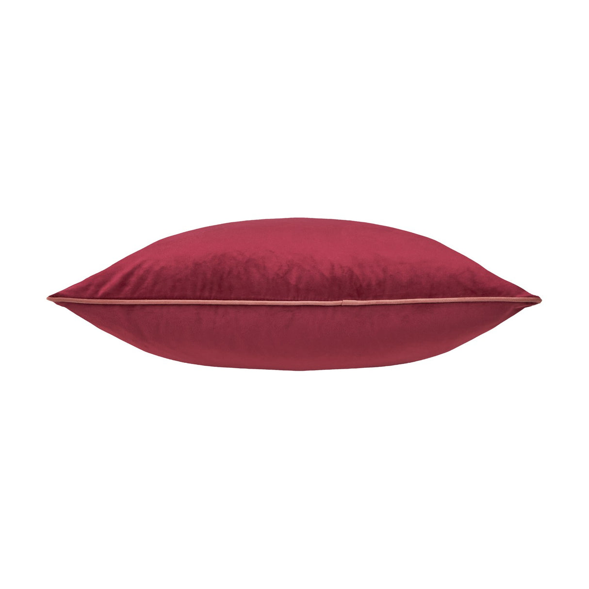 Meridian Plain Velvet Cushion in deep burgundy with contrasting slipper pink piped trim, shown side-on against a plain white background.