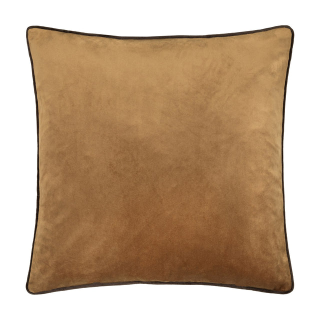 Meridian Plain Velvet Cushion in caramel with contrasting chocolate-brown piped edging, square shape, shown against a plain white background.