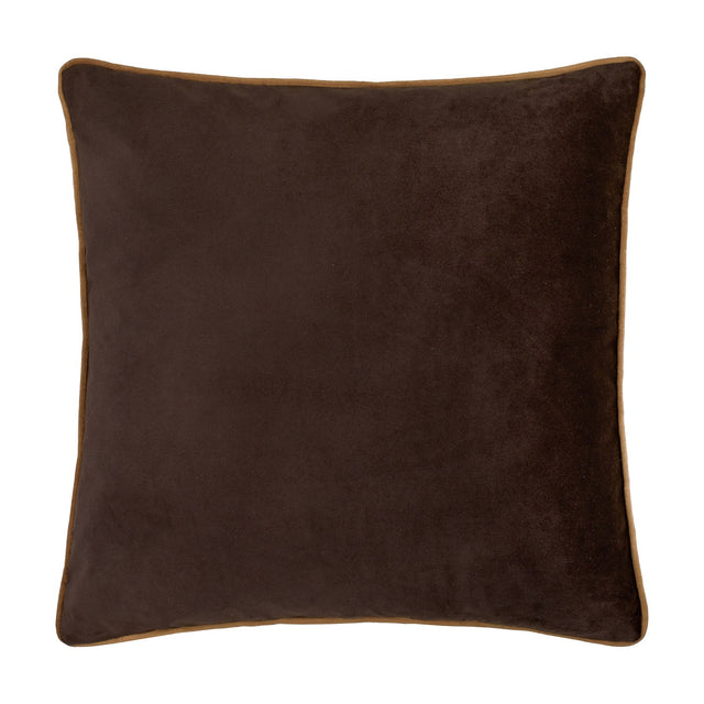 Meridian Plain Velvet Cushion in chocolate brown polyester velvet with contrasting caramel piped trim around the edge, shown on a plain white background.