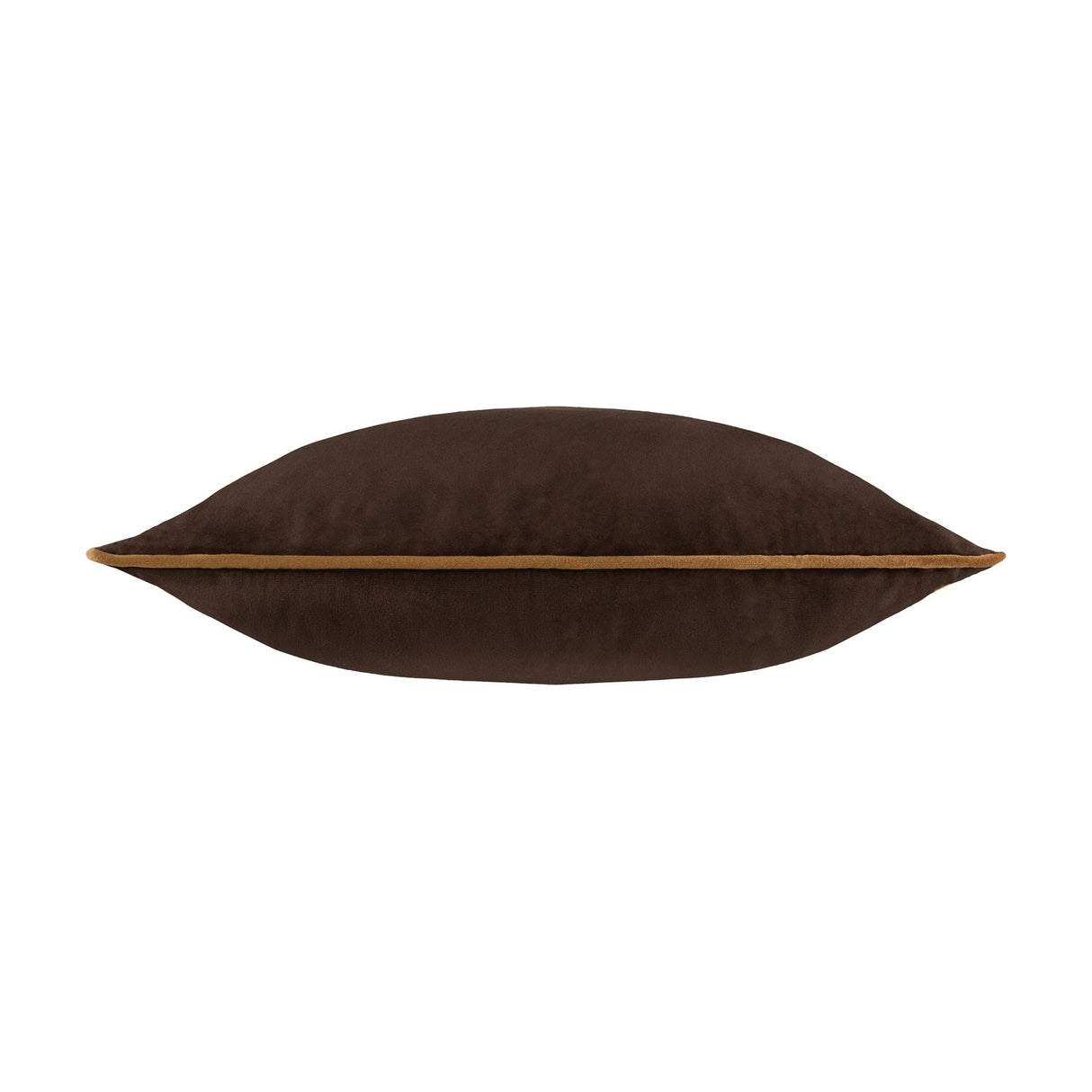 Meridian Plain Velvet Cushion in chocolate brown, side view showing dense velvet pile and contrasting caramel piped trim along the edge, on a plain white background.