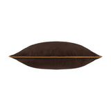 Meridian Plain Velvet Cushion in chocolate brown, side view showing dense velvet pile and contrasting caramel piped trim along the edge, on a plain white background.