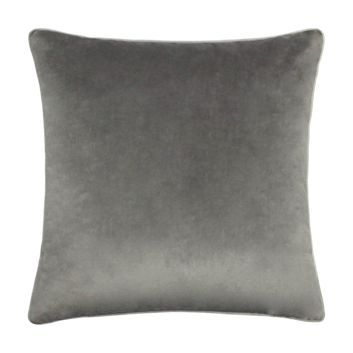 Meridian Plain Velvet Cushion in charcoal grey with contrasting dove silver piped edge, square velvet-feel design on a plain white background.