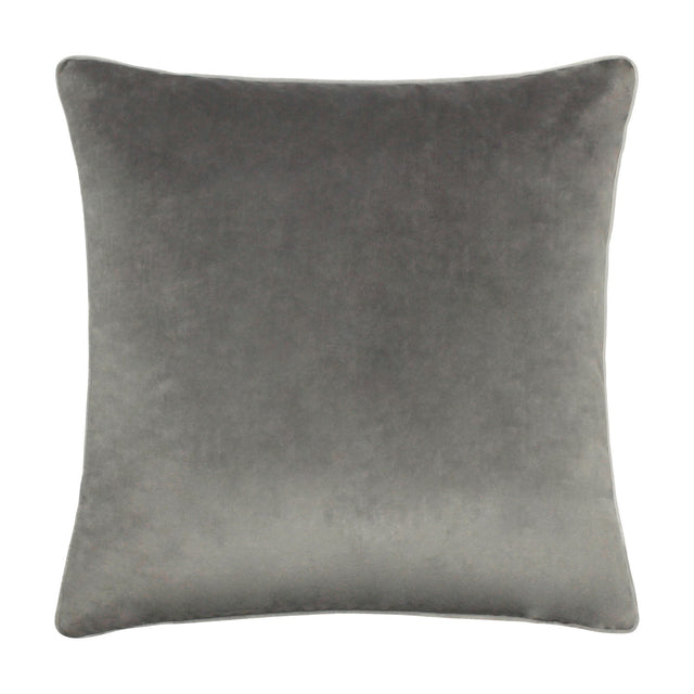 Meridian Plain Velvet Cushion in charcoal grey with contrasting dove silver piped edge, square velvet-feel design on a plain white background.