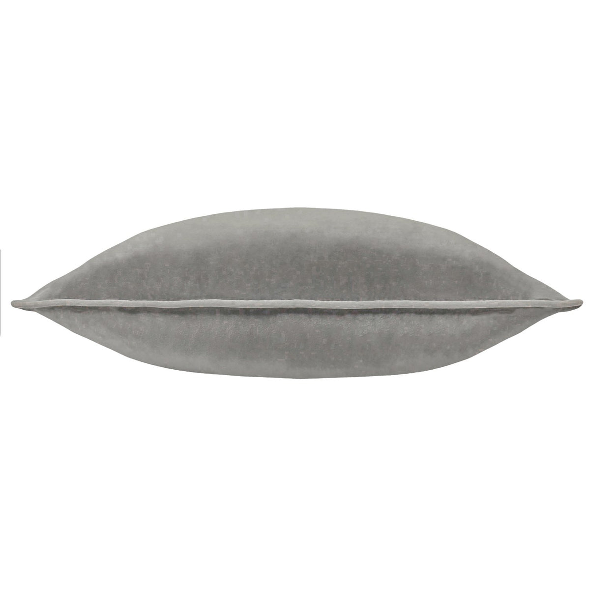 Meridian Plain Velvet Cushion in charcoal grey with dove silver piped edge trim, shown side-on against a plain white background.