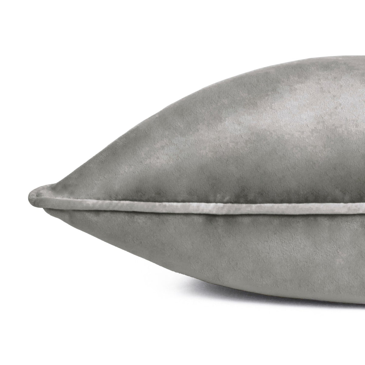 Close-up of the Meridian Plain Velvet Cushion in charcoal grey with dove silver piped edge, shown against a plain white background.