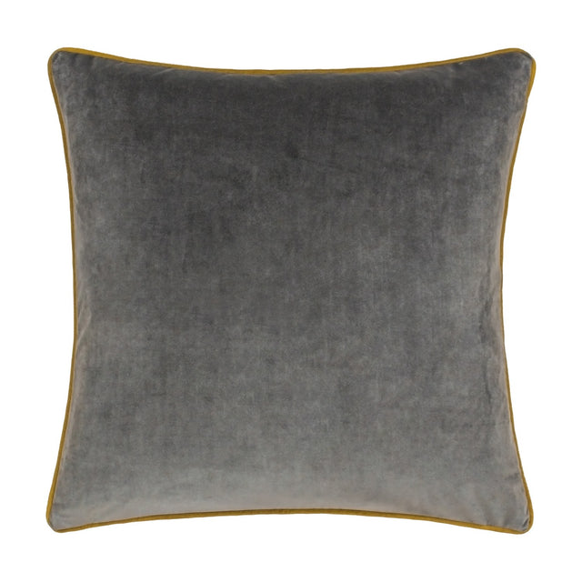 Meridian Plain Velvet Cushion in charcoal grey with contrasting moss green piped edging, square velvet-feel design shown on a plain white background.