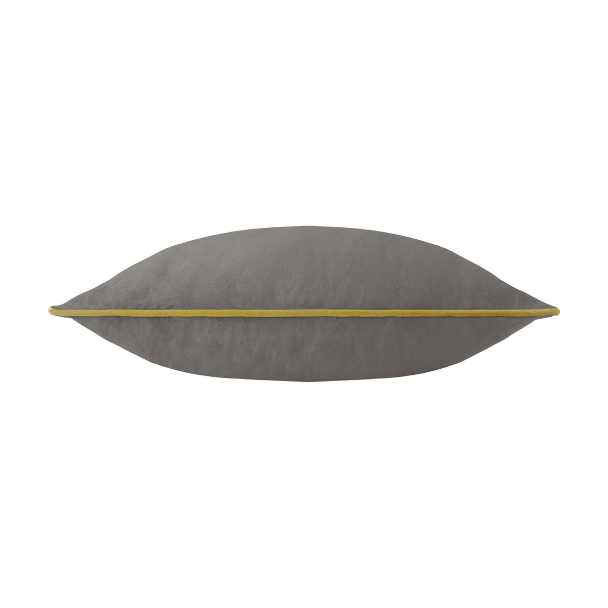 Meridian Plain Velvet Cushion in charcoal grey with a moss green piped edge trim, shown side-on against a plain white background.