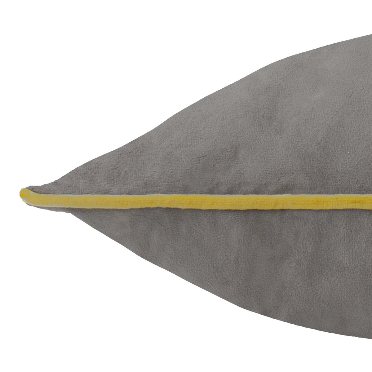 Close-up of the Meridian Plain Velvet Cushion in charcoal grey with a contrasting yellow piped edge, shown against a plain white background.