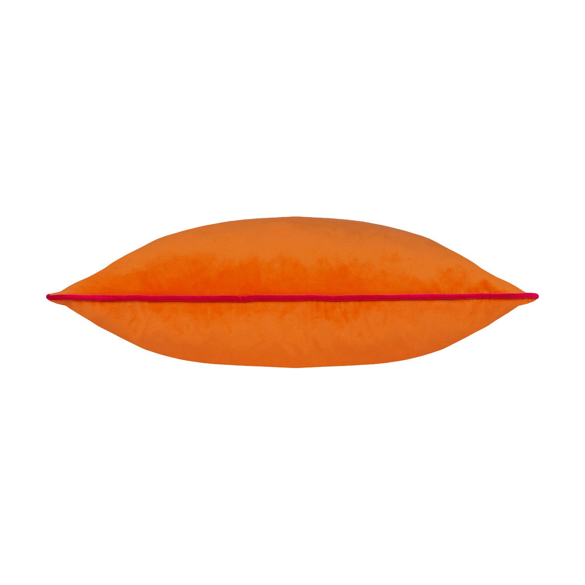 Meridian Plain Velvet Cushion in clementine orange with a contrasting hot pink piped edge, shown lengthways on a plain white background.