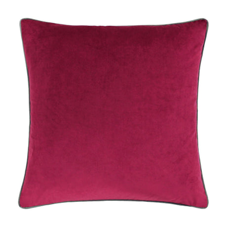 Meridian Plain Velvet Cushion in deep cranberry pink with contrasting mocha brown piped edge, square 45 x 45cm design shown on a plain white background.