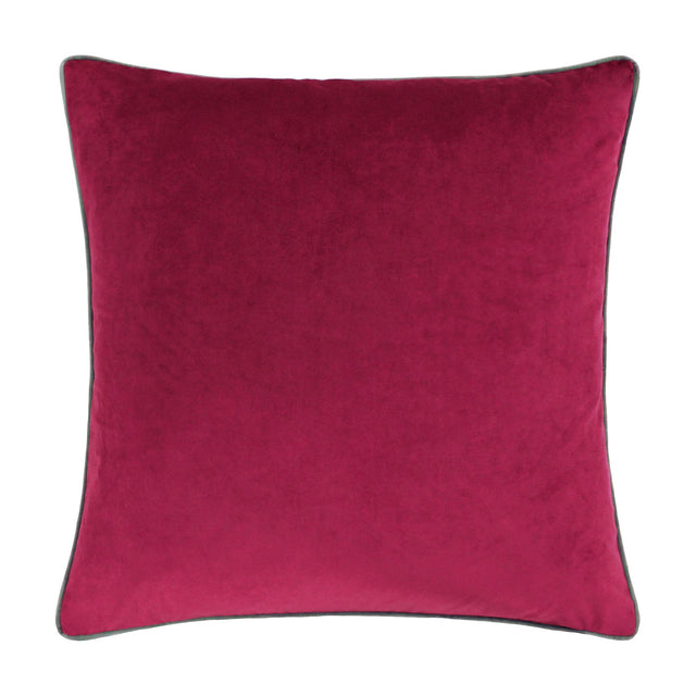Meridian Plain Velvet Cushion in deep cranberry pink with contrasting mocha brown piped edge, square 45 x 45cm design shown on a plain white background.