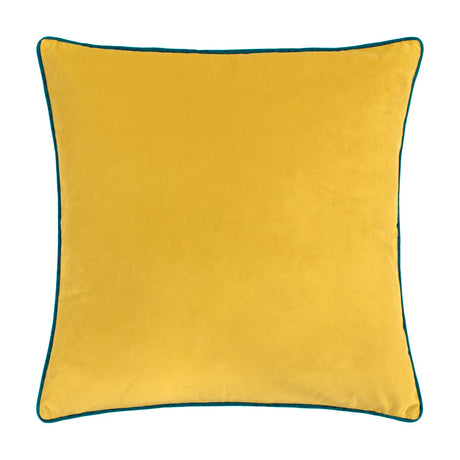 Meridian Plain Velvet Cushion in golden yellow with contrasting teal piped edge, square shape, plain velvet-feel polyester fabric, shown on a white background.