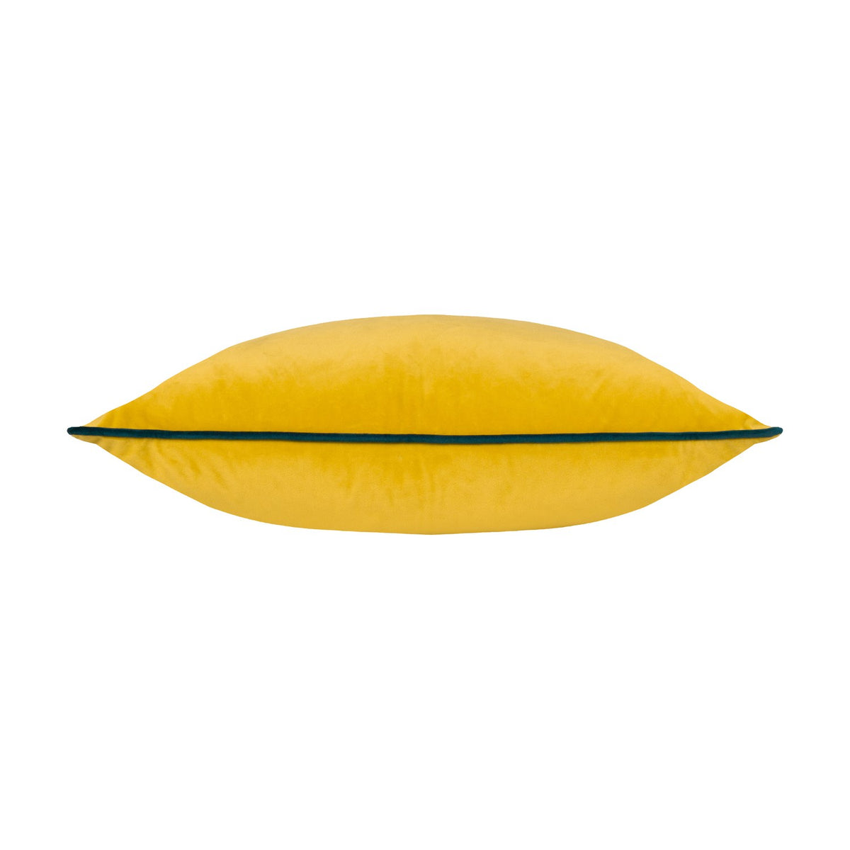 Meridian Plain Velvet Cushion in golden yellow with teal piped edging, square shape, plain velvet-feel polyester front and reverse, shown side-on against a plain white background.