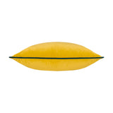 Meridian Plain Velvet Cushion in golden yellow with teal piped edging, square shape, plain velvet-feel polyester front and reverse, shown side-on against a plain white background.