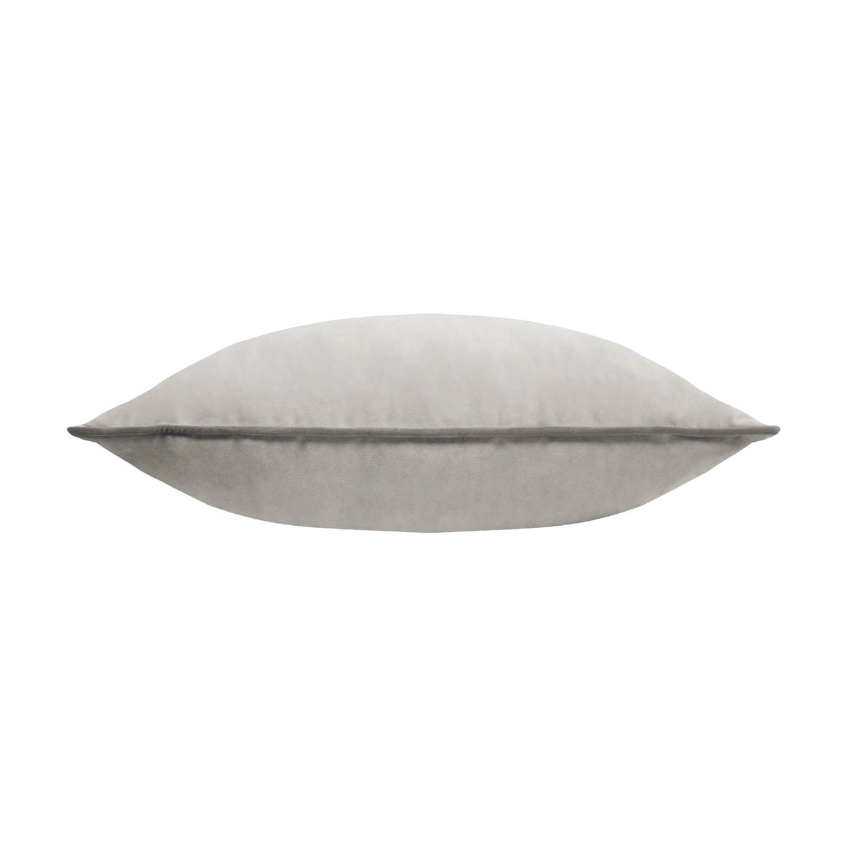 Meridian Plain Velvet Cushion in dove grey velvet with contrasting charcoal piped edging, shown side-on against a plain white background.