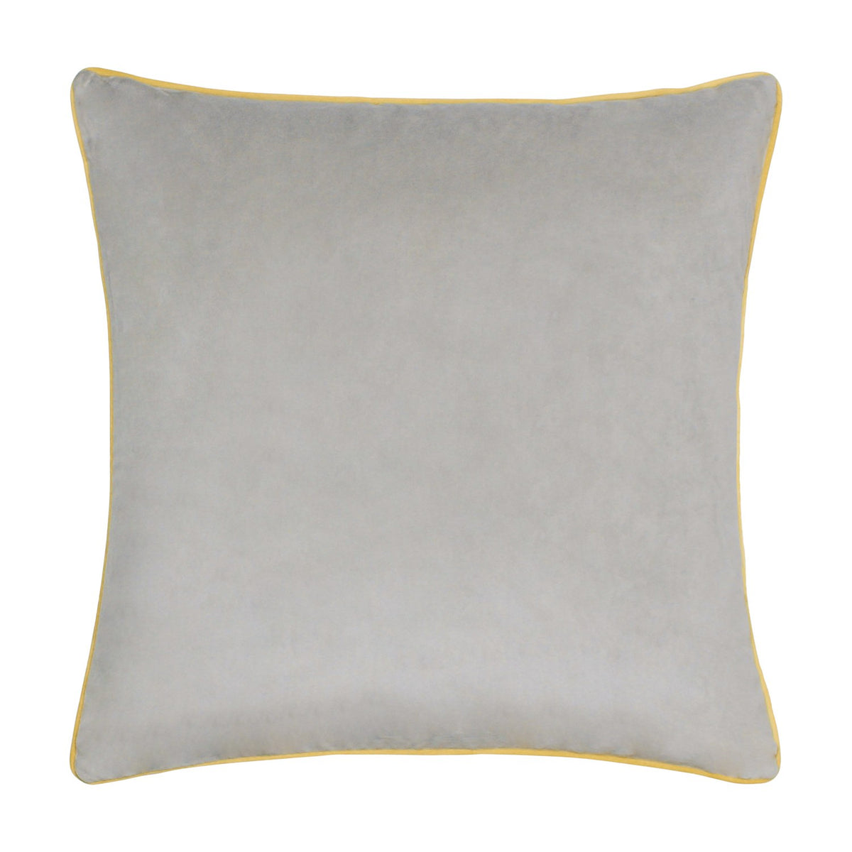 Meridian Plain Velvet Cushion in dove grey with contrasting yellow piped edge, square 45x45cm design on a plain white background.
