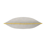 Meridian Plain Velvet Cushion in dove grey with contrasting yellow piped edge, shown side-on against a plain white background.